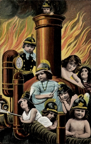 Photomontage Postcard Toddlers as firefighters in the fire engine, fire