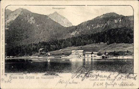 Postcard Urfeld am Walchensee Kochel am See, mountain landscape, Walchensee, Gasthof zum Fischer am See, He