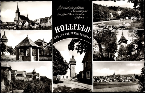PC Hollfeld in Franconian Switzerland, long shot, church, tower, partial view