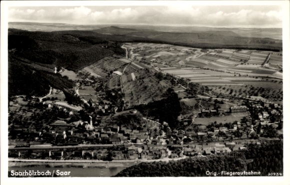 Postcard Saarhölzbach Mettlach in Saarland, bird's eye view of landscape, rivers, forests