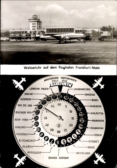 Ak Frankfurt am Main, Flughafen, Weltzeituhr, Flugzeuge