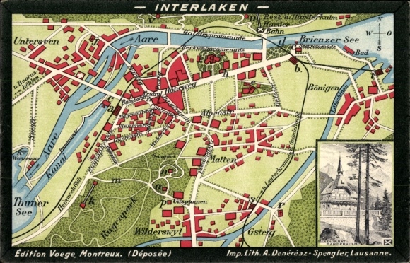 Mapa miasta KP Interlaken Kanton Berno Szwajcaria, Aare, dworzec główny, restauracja Harderkulm