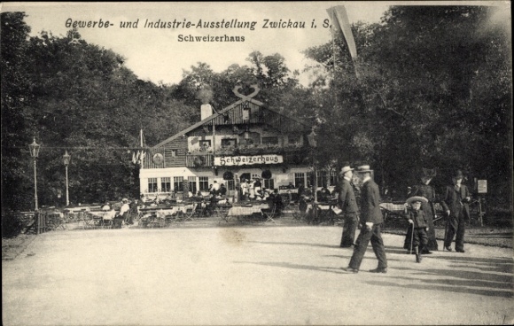 Ansichtkaart Zwickau in Saksen, commerciële en industriële tentoonstelling, Schweizerhaus