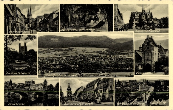 Ak Saalfeld an der Saale Thüringen, Eingang in die Stadt, Saalebrücke, Der Hohe Schwarm, Markt mi