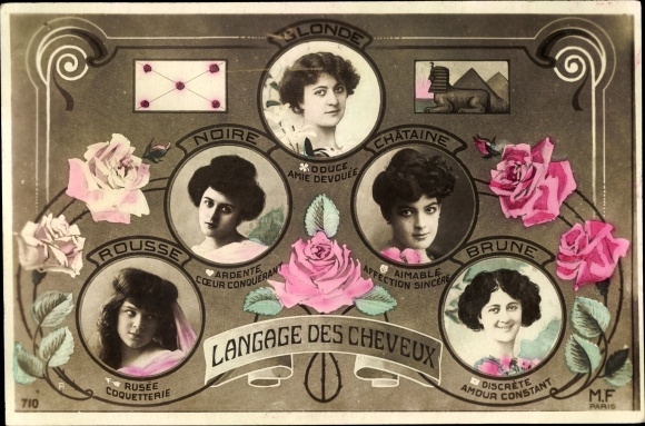 Postcard Hair Language, Blonde, Black, Redhead, Brown, Brunette, Frauenportraits, Haarfarben