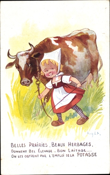 Artist Postcard Right, girl with a cow, potash fertilizer