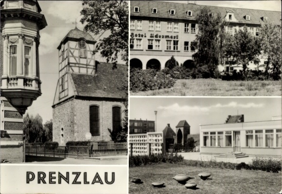 Postcard Prenzlau in the Uckermark, Hotel Uckermark, church, partial views