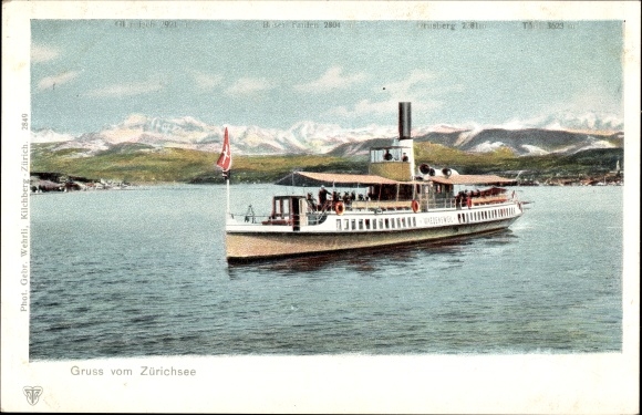 Ansichtkaart groeten uit het meer van Zürich, salonboot Waedensweil