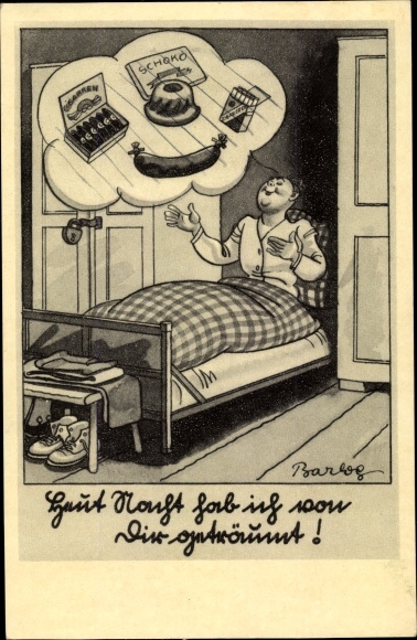 Artist Postcard Barlog, soldier humor, soldier dreams of chocolate and cigars in bed