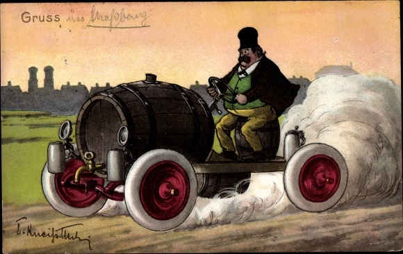 Artist PC Kneiß, Emil, Fat man, automobile from a beer barrel