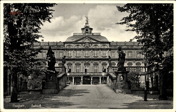 Ak Rastatt im Schwarzwald Baden, Schloss  historische Architektur, Bäume, Statue