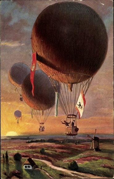 Postcard balloons over a place, flags, windmill
