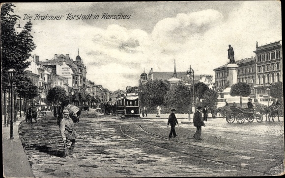 Postcard Warszawa Warsaw Poland, Kraków Suburbs, Street Scene, Tram