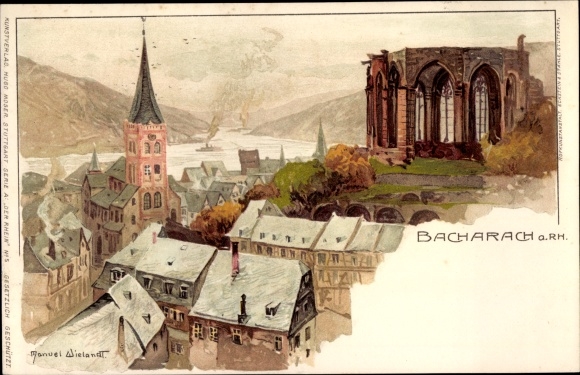 Artist Chromo-Litho Wielandt, Manuel, Bacharach am Rhein, Werner chapel, town view, Rhine section