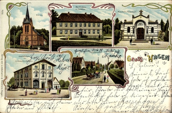 Chromo-Litho Hagen im Bremen, main street, commercial building, mausoleum, church