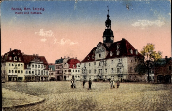 Ak Borna in Sachsen,  Markt, Rathaus,  Architektur, Menschen auf dem Platz