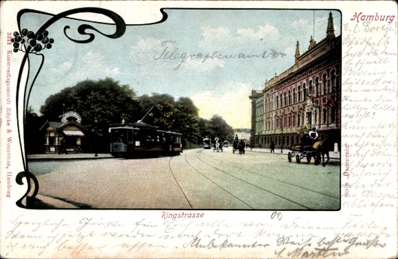 Postcard Hamburg Wandsbek Rahlstedt, Ringstrasse with tram