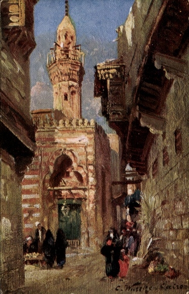 KP artysty Wuttke, Carl, Kair Egipt, scena uliczna w mieście, minaret, miejscowi