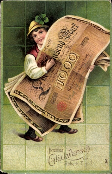 Embossed PC congratulations birthday, child with banknotes, cloverleaf