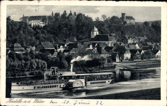 Postcard Herstelle Weser Beverungen, salon steamer in motion, settlement