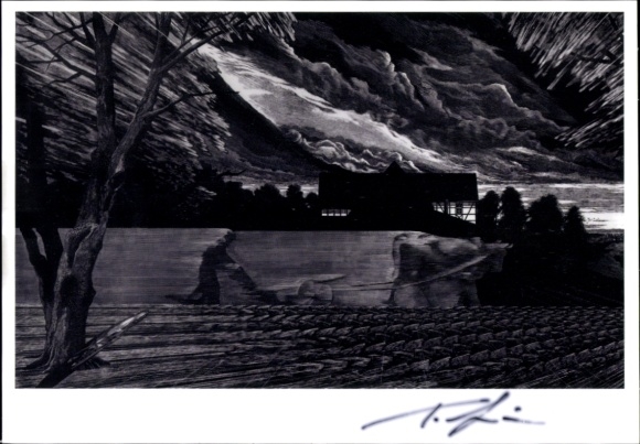 Artist Postcard Tobias Gellscheid, wood engraving Dusk, 2018, autograph