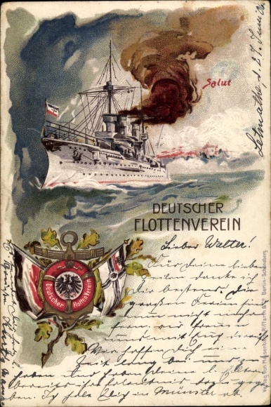 Chromo-Litho of the German fleet association, German warship, salute, flags, Imperial Navy
