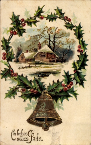 Litho Neujahr, Mistelzweige, Glocke, Wohnhaus