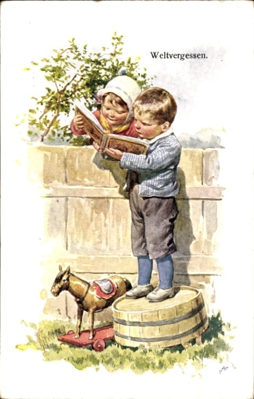 Künstler Ak Feiertag, Karl, Weltvergessen, Kinder mit einem Buch, Spielzeugpferd