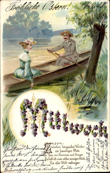 Chromo-Litho Allegory, Wednesday, lovers in a rowing boat, lake, weekday