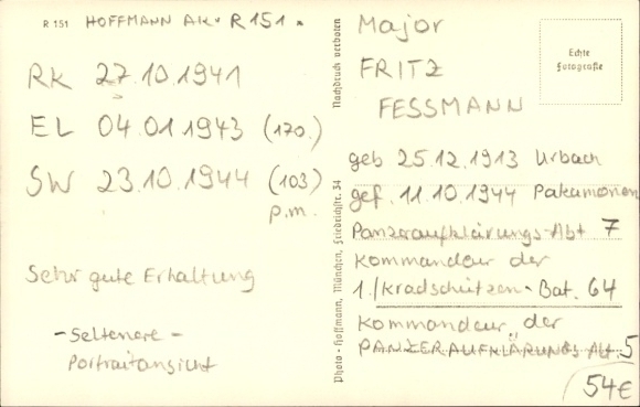 Postcard Captain Fritz Fessmann, Knight's Cross recipient