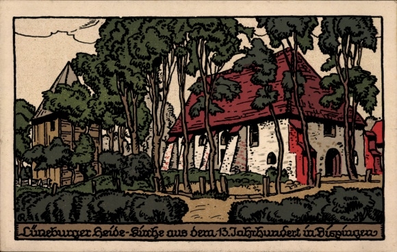 Lithograph PC Bispingen Lüneburg Heath, Church