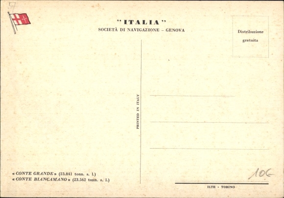 Postcard passenger ship Conte Grande, Conte Biancamano, Italia Società di Navigazione Genova