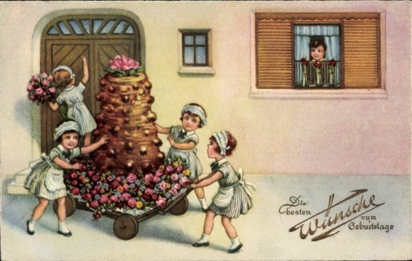 Postcard Congratulations Birthday, Girl, Congratulations, Cake, Roses