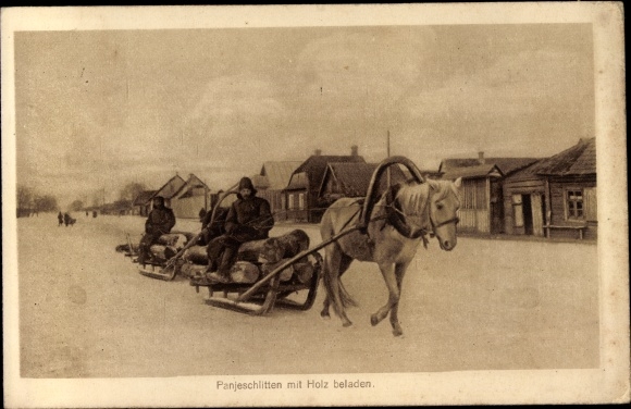 Postcard Horse-drawn sleigh loaded with wood, houses, transport