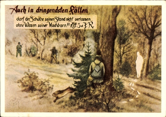 Artist Postcard Geilfus, Even in the most urgent cases the shooter may leave his position, hunter, hunting accident