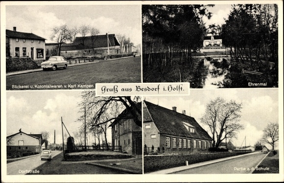 Postcard Besdorf b. Itzehoe Holstein, bakery, school