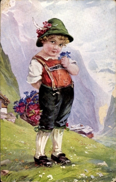 Postcard boy in folk costume, flower basket, Hansl