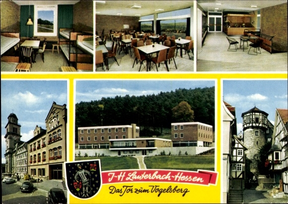 Postcard Lauterbach in Hesse, partial views, youth hostel, coat of arms