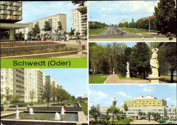 Postcard Schwedt an der Oder, Liberation Square, Leninallee, Park am Kulturhaus, district hospital