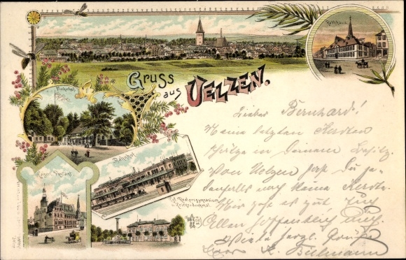Chromo-Litho Uelzen in Lower Saxony, total view, Fischerhof, train station, post office, town hall, high school