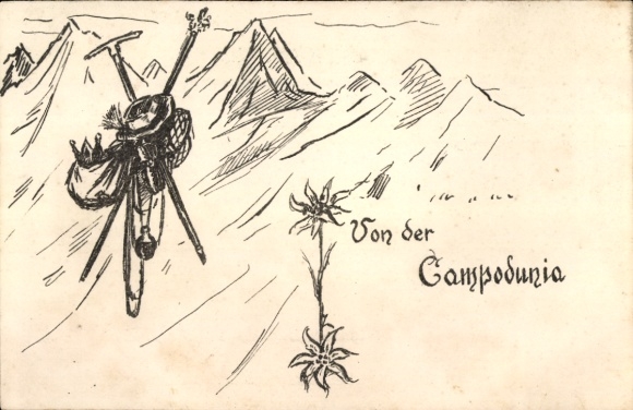 Postcard Compodunia, hiking backpack, mountains, edelweiss