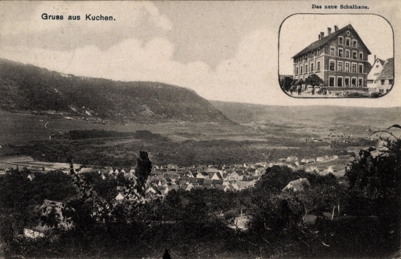 Postcard Kuchen im Filstal, Panorama, the new school building