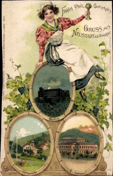 KP Neustadt an der Haardt Neustadt an der Weinstrasse, kobieta w tradycyjnym stroju, Maxburg, Saalbau, Königsmühle