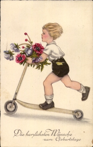 Happy birthday card, boy riding scooter, bouquet of flowers