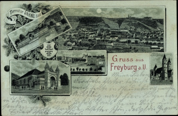 Mondschein Litho Freyburg an der Unstrut, Turnvater Jahns Haus, Turnhalle, Kirche, Restaurant