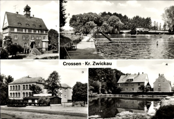 Ak Crossen an der Elster Thüringen, Rathaus, Freibad, Oberschule, Teich