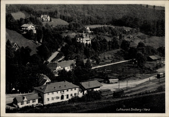 Postcard Stolberg in the Harz Mountains, climatic health resort Stolberg, aerial photograph, buildings, forest, streets, view