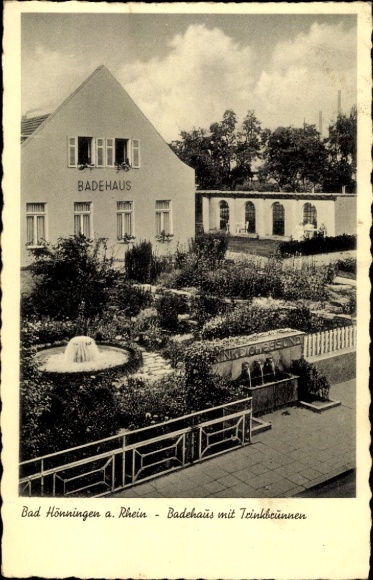 Postcard Bad Hönningen am Rhein, bathhouse, garden, drinking fountain, decorative building