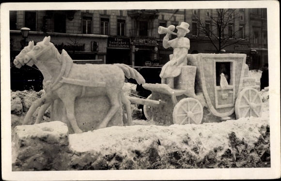 Photo Postcard Unknown Place, Ice Sculpture, Snow Figure, Carriage, Elite Driving Tours, Small Theater
