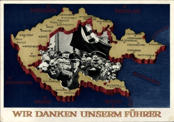 Postal stationery Postcard We thank our leader, Sudetenland, Bohemia, Moravia, Hitler